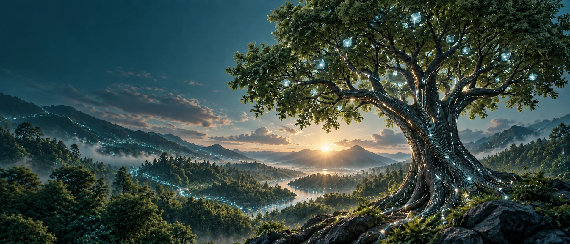 An old tree traced with blue-white circuits above a forested river valley at sunrise, with glowing connections winding through the hills.